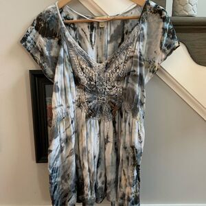 Live and Let Live Crochet Boho Fitted Waist  Blue & Brown Top sz L EUC